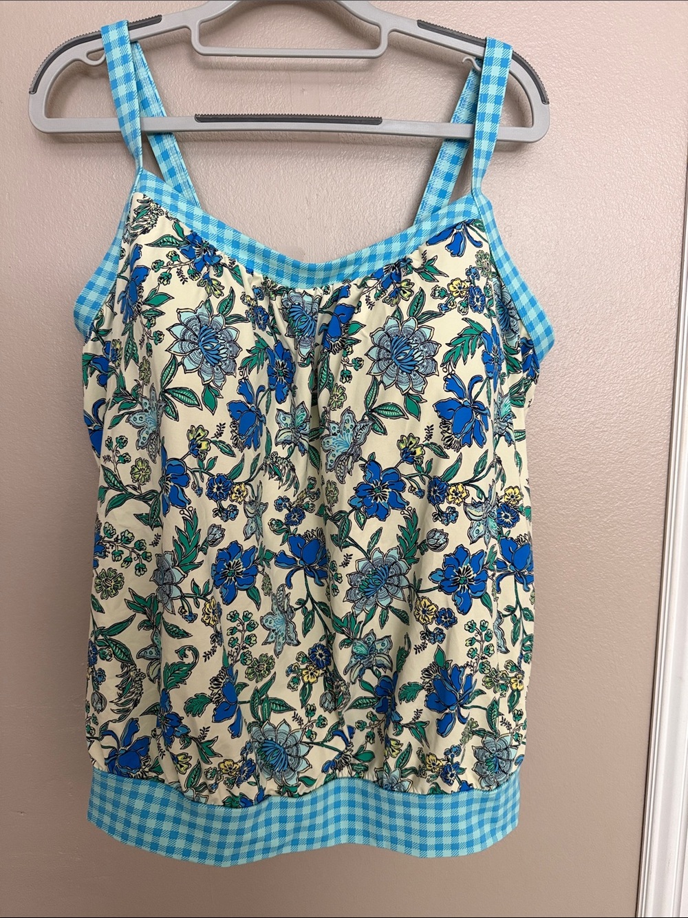 NWT Lands' End Cream Tank with Blue Floral Print and Aqua Gingham Trim size 16DD